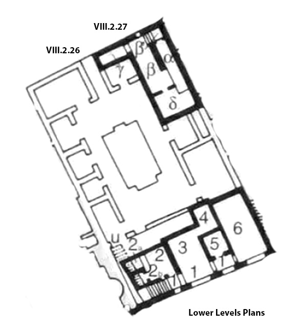 VIII.2.26-27 Pompeii. Casa del Cinghiale II or House of Vesbinus. Lower levels plan.

The plan shows the lower floor and the underground area entered from VIII.2.27.